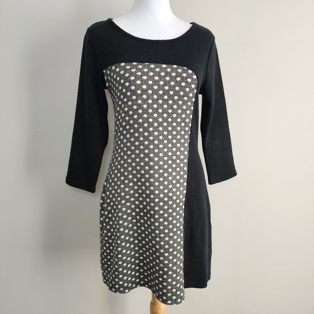 Lavand Sweater Dress Womens Medium Long Sleeve Polkadot Black White Knit Wintet